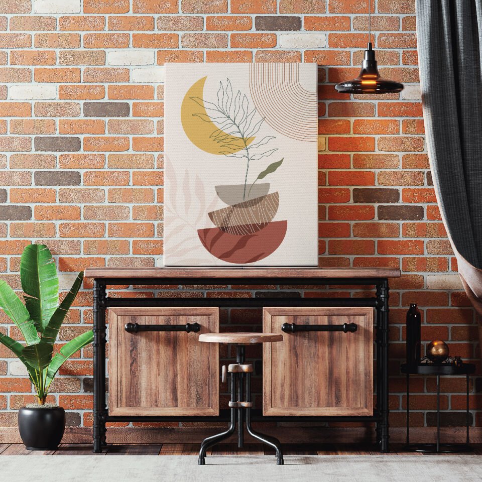 Geometrik ve Yaprak Boho Desen Dekoratif Kanvas Tablo