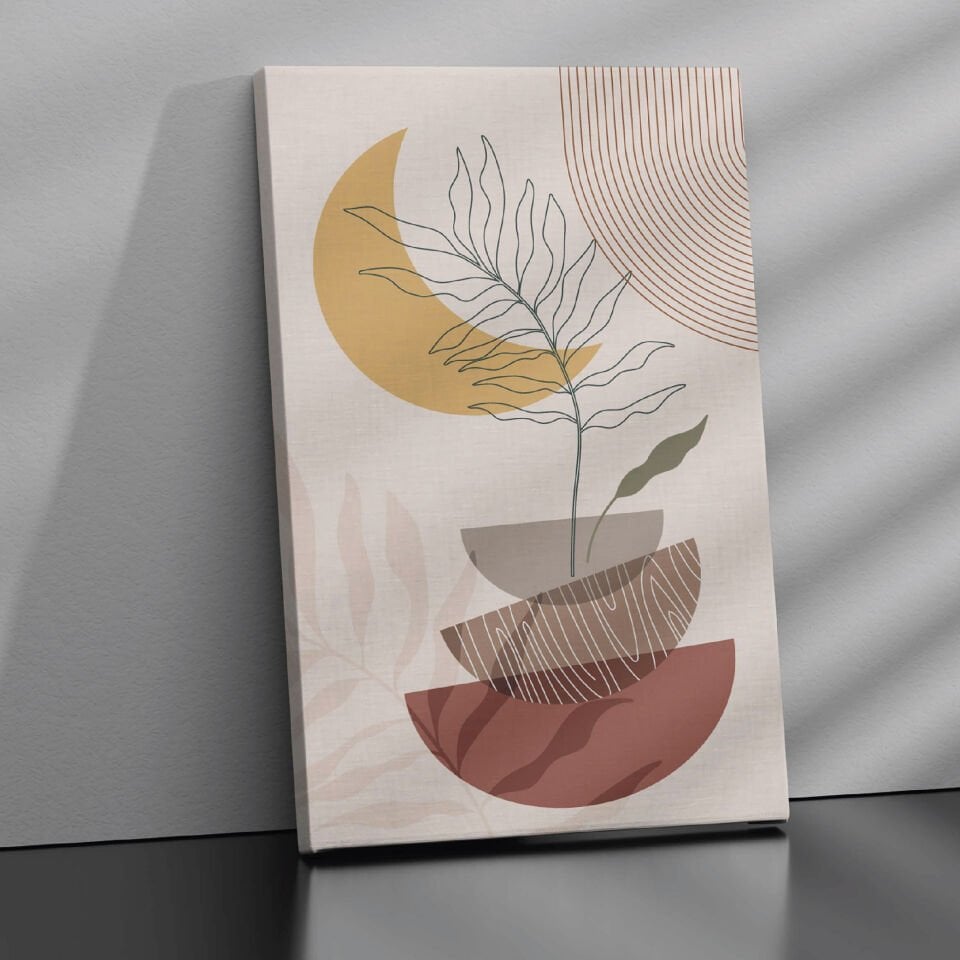 Geometrik ve Yaprak Boho Desen Dekoratif Kanvas Tablo