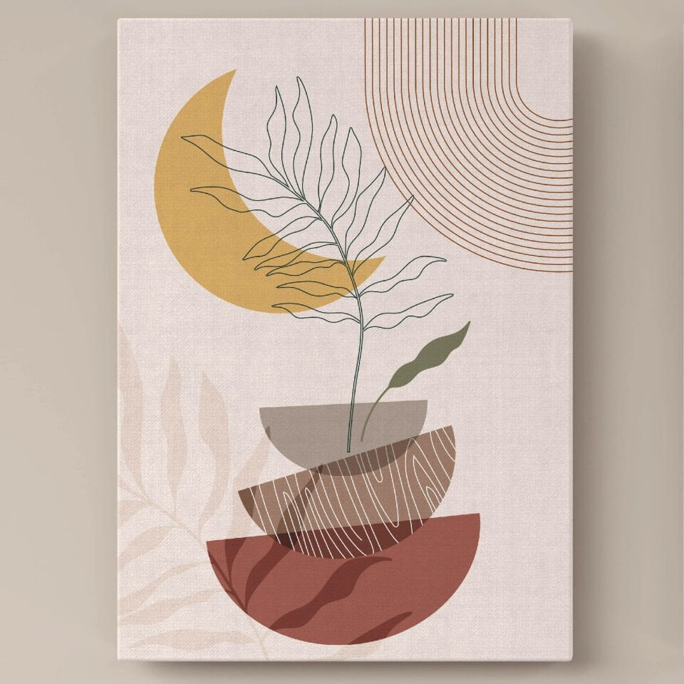 Geometrik ve Yaprak Boho Desen Dekoratif Kanvas Tablo