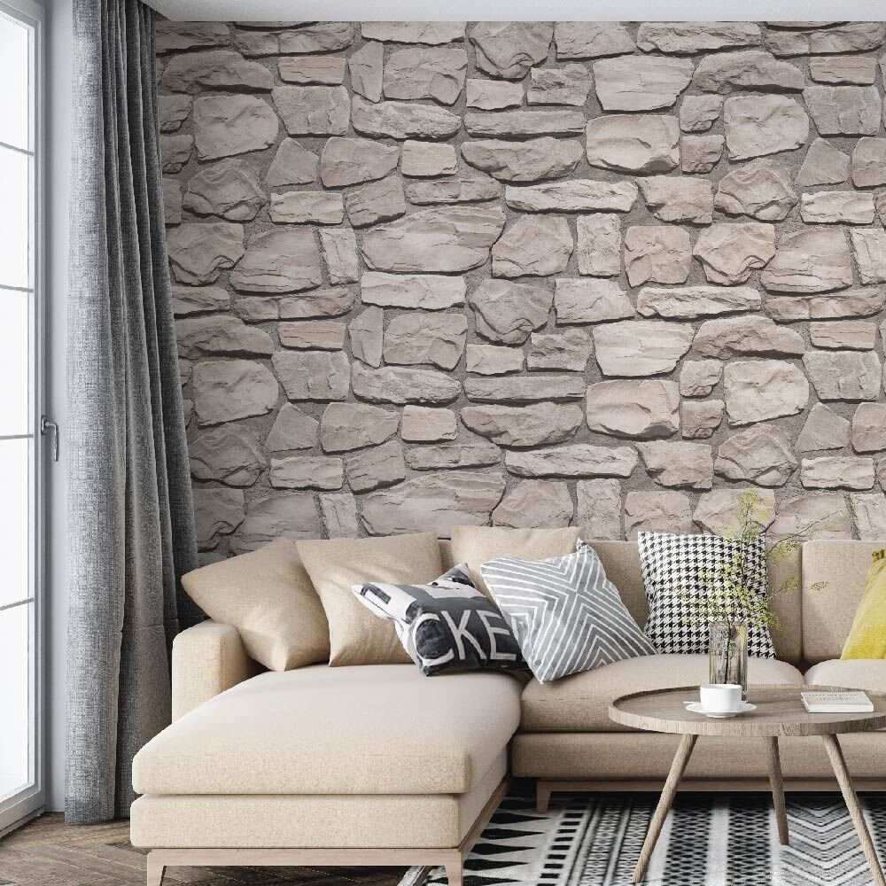 Krem Renk Taş Desen Duvar Kağıdı