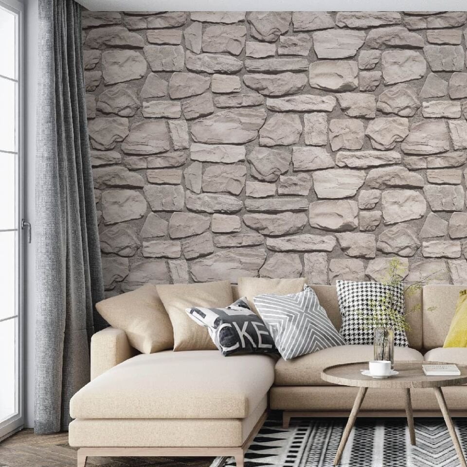 Krem Renk Taş Desen Duvar Kağıdı