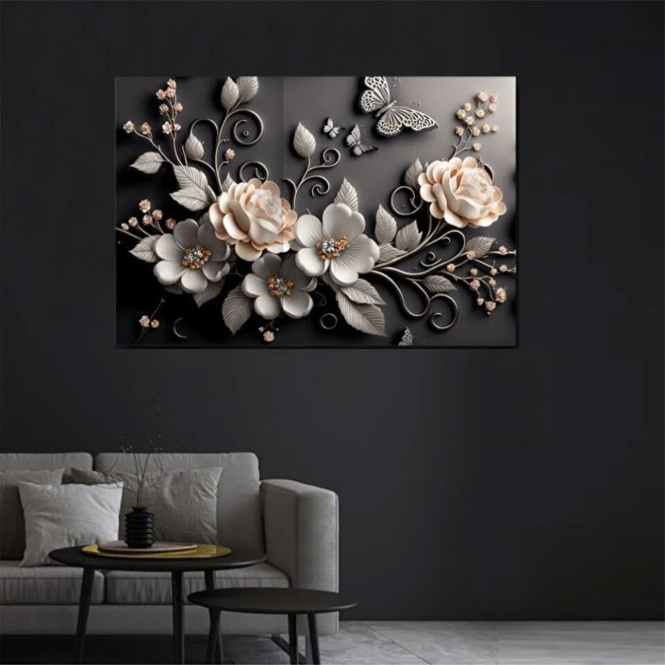 Özel Tasarım 3 Boyutlu Lüks Siyah Çiçekler Dekoratif Kanvas Duvar Tablo