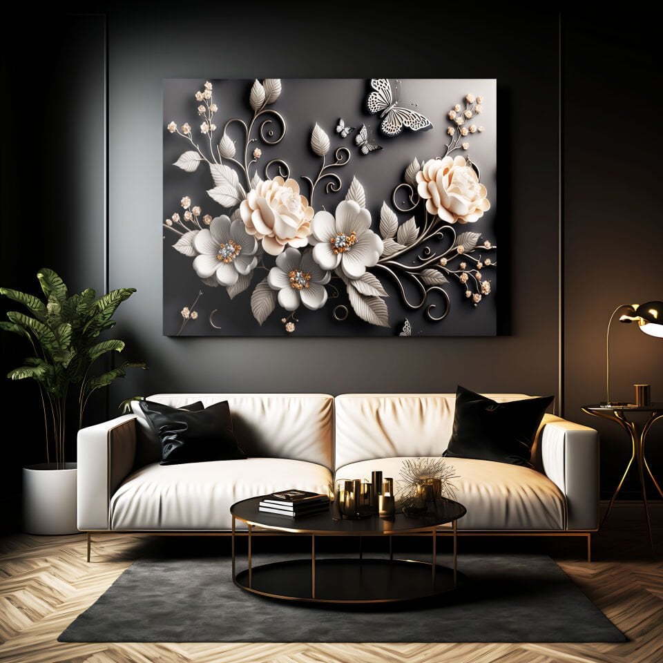 Özel Tasarım 3 Boyutlu Lüks Siyah Çiçekler Dekoratif Kanvas Duvar Tablo