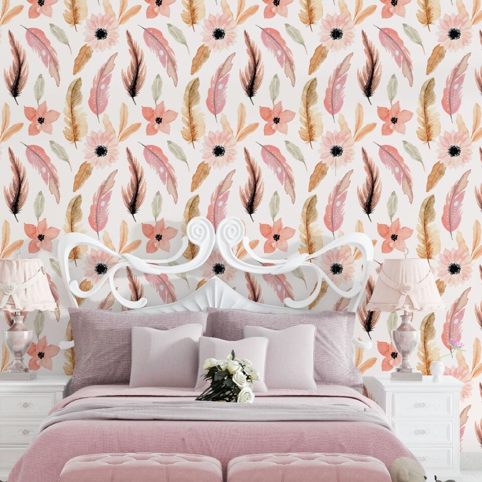 Çiçek ve Tüy Deseni Duvar Kağıdı
