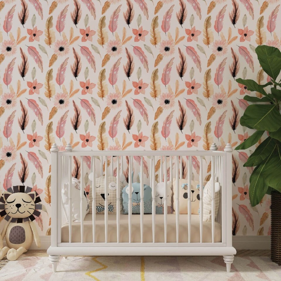 Çiçek ve Tüy Deseni Duvar Kağıdı