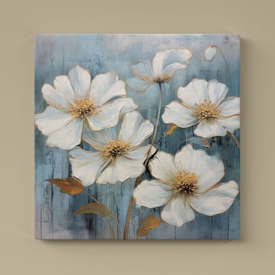 Yağlı Boya Efektli Beyaz Çiçek Kanvas Tablo