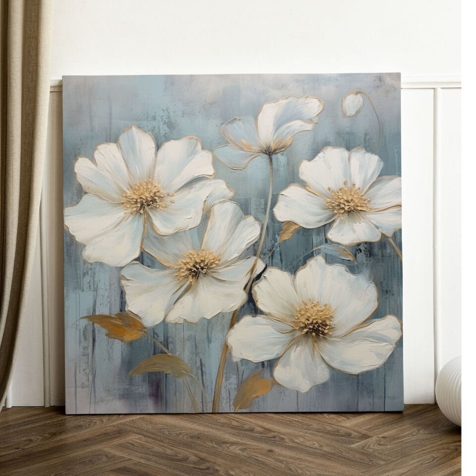 Yağlı Boya Efektli Beyaz Çiçek Kanvas Tablo