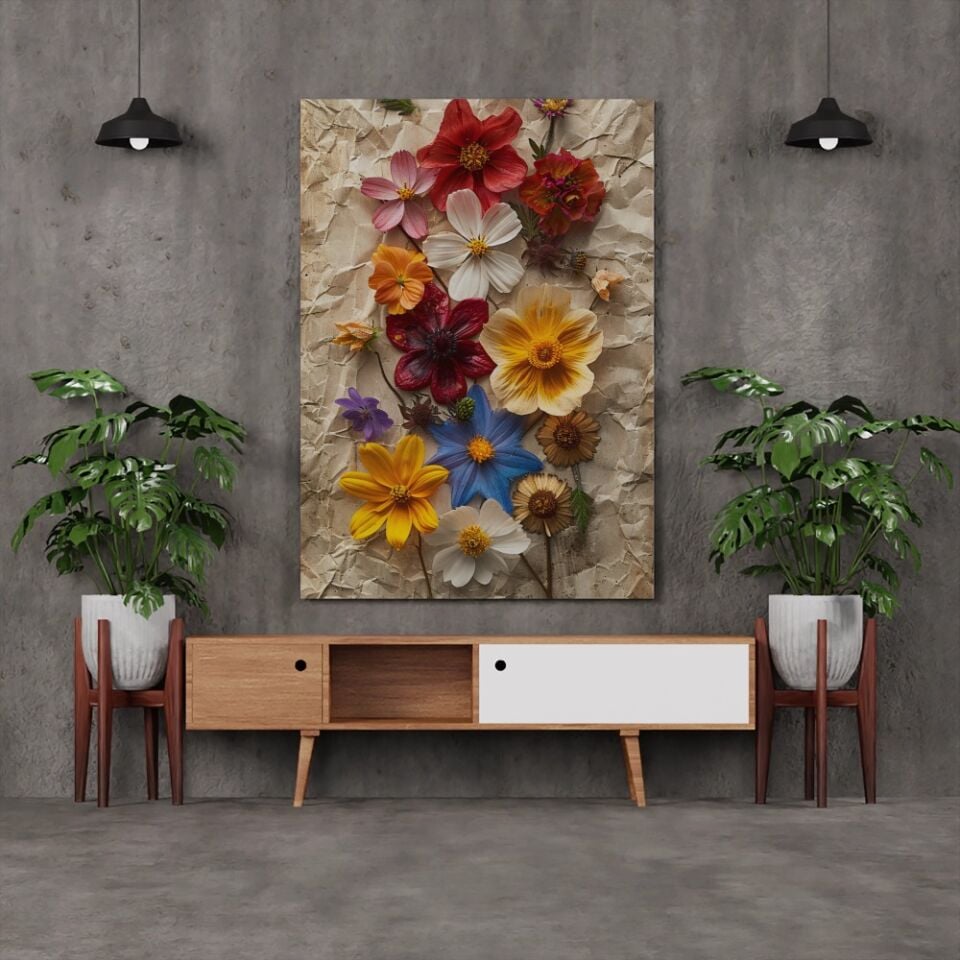 Yırtılmış Kağıt üzerinde Kurutulmuş Çiçekler Kanvas Tablo, 3d Kanvas Tablo Salon Dekorasyonu