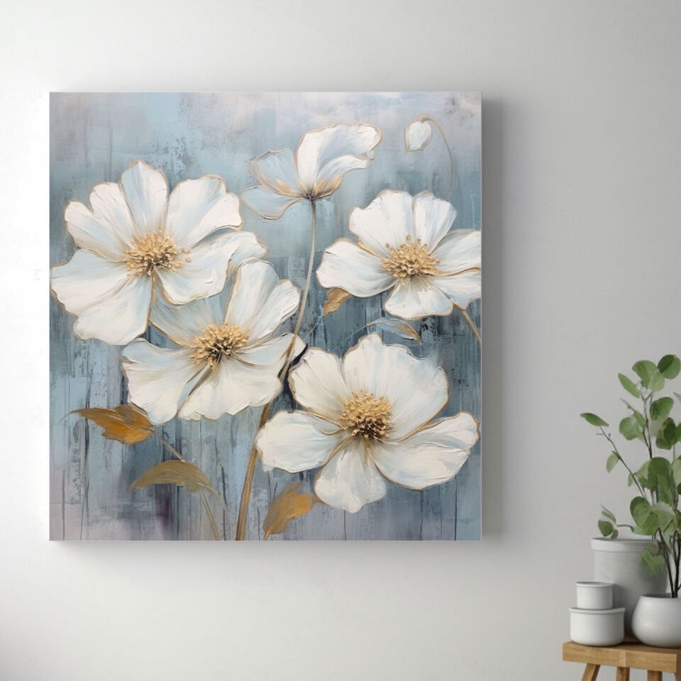 Yağlı Boya Efektli Beyaz Çiçek Kanvas Tablo