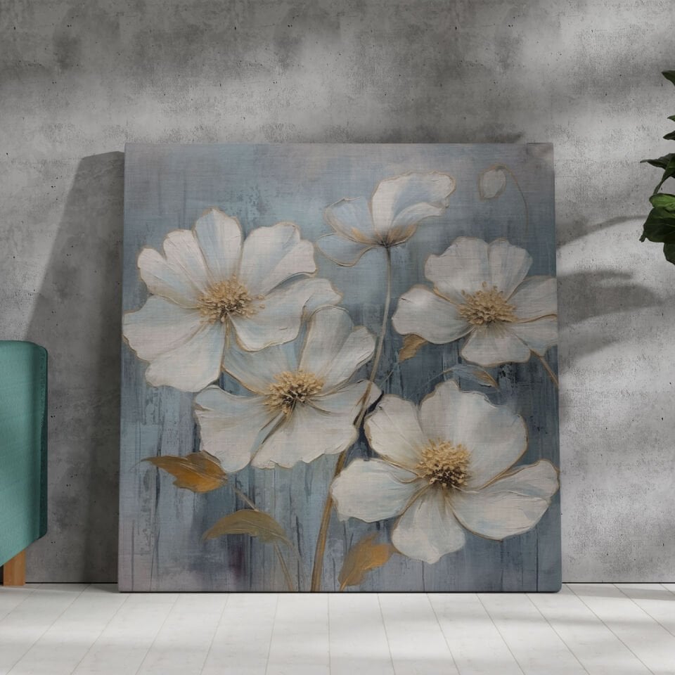 Yağlı Boya Efektli Beyaz Çiçek Kanvas Tablo