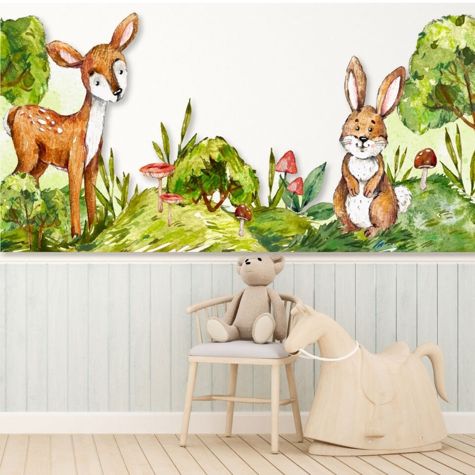 Geyik ve Tavşan Orman Suluboya Efektli Bebek Çocuk Odası Duvar Sticker