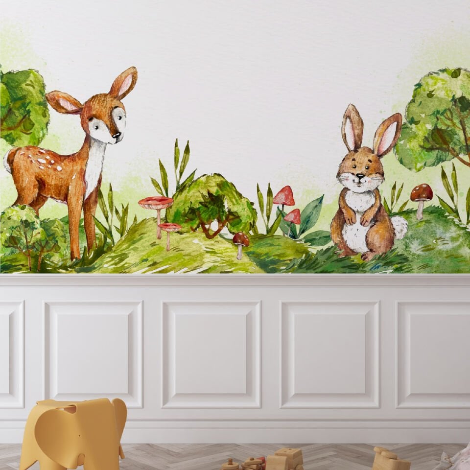 Geyik ve Tavşan Orman Suluboya Efektli Bebek Çocuk Odası Duvar Sticker