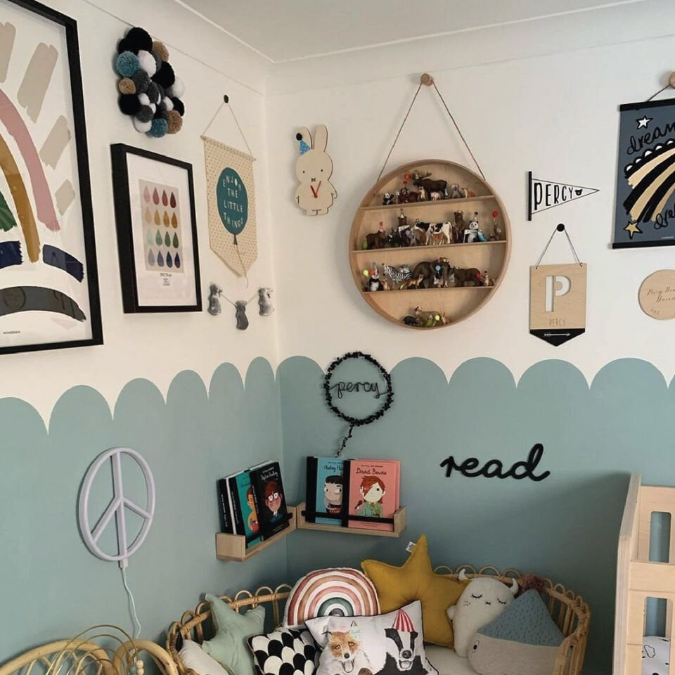 Boho Bohem Tarz Dekoratif Çit Detaylı Dalgalı Salon Çocuk Odası Petrol Mavisi Duvar Sticker