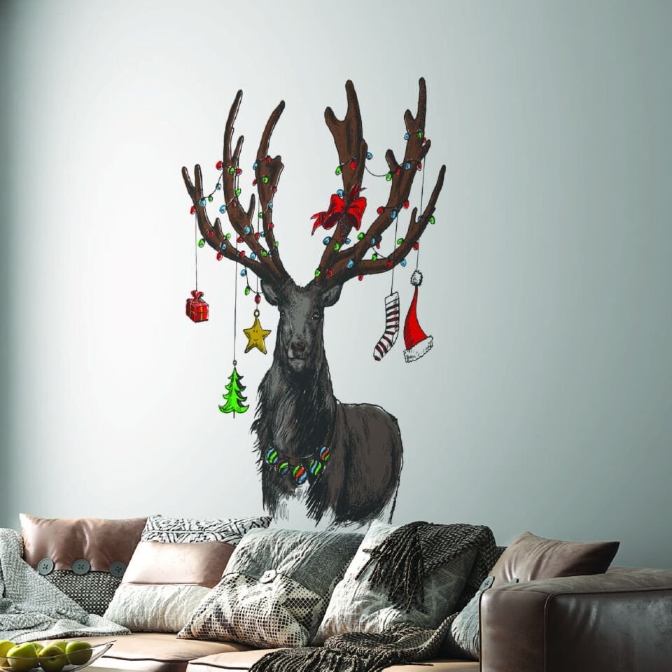 Yılbaşı Temalı Geyik Çizimi Yeni Yıl Dekoratif Duvar Cam Sticker