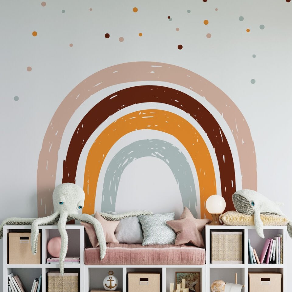 Pastel Renk Soft Gökkuşağı ve Puantiyeler Çocuk Odası Duvar Sticker
