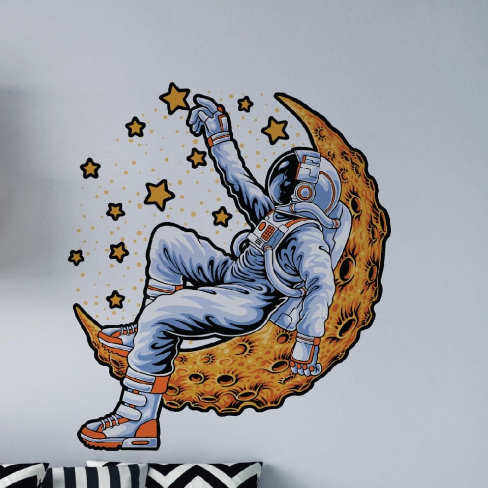 Ay Üstünde Astronot ve Yıldızlar Çocuk Genç Odası Dekoratif Duvar Sticker