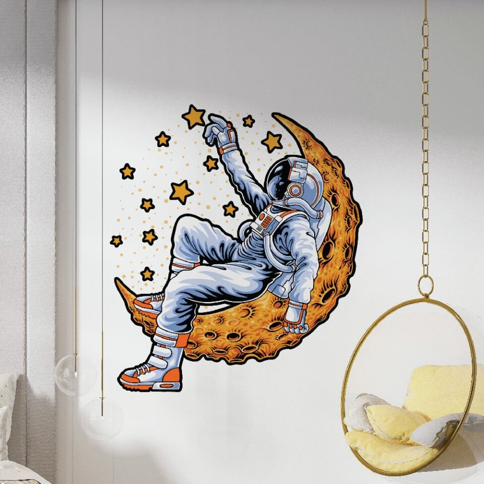 Ay Üstünde Astronot ve Yıldızlar Çocuk Genç Odası Dekoratif Duvar Sticker
