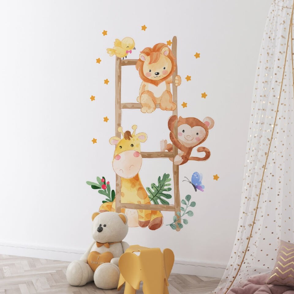 Sevimli Hayvanlar Merdivende Çocuk Odası Duvar Sticker