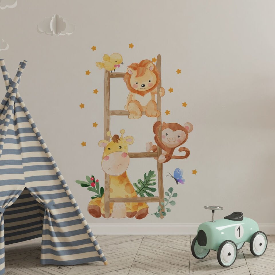Sevimli Hayvanlar Merdivende Çocuk Odası Duvar Sticker