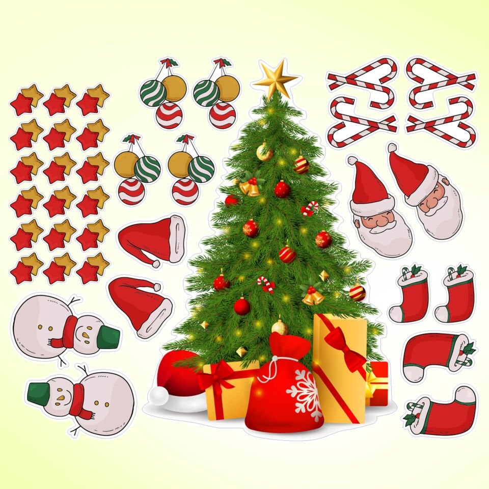 35 Parça Yeni Yıl Temalı Büyük Yılbaşı Ağacı Çocuk Odası Duvar Cam Sticker Seti