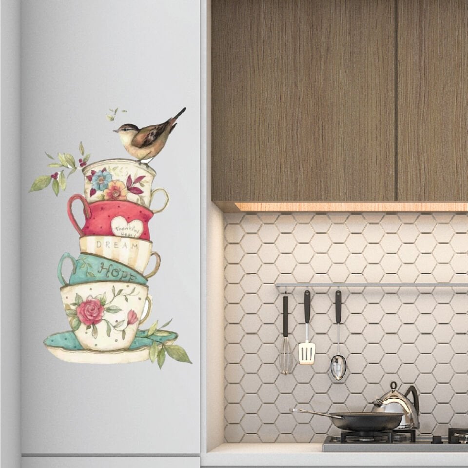Kahve Fincanları ve Kuş Dekoratif Sticker