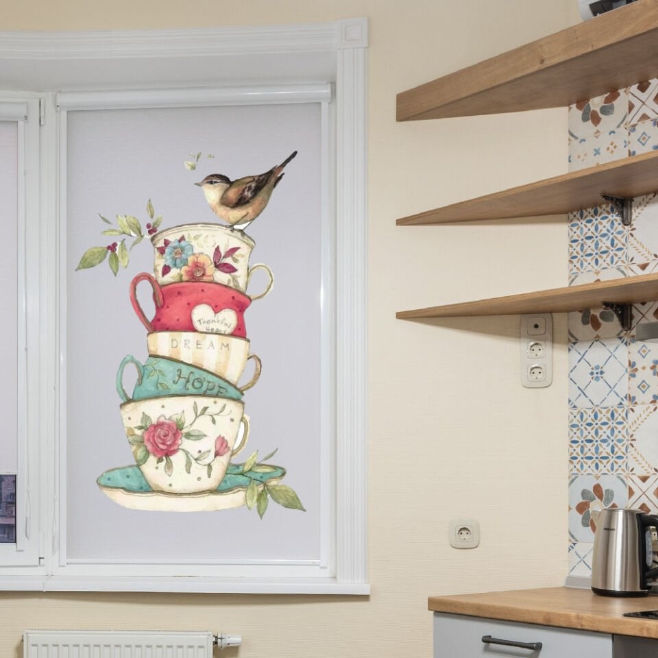 Kahve Fincanları ve Kuş Dekoratif Sticker