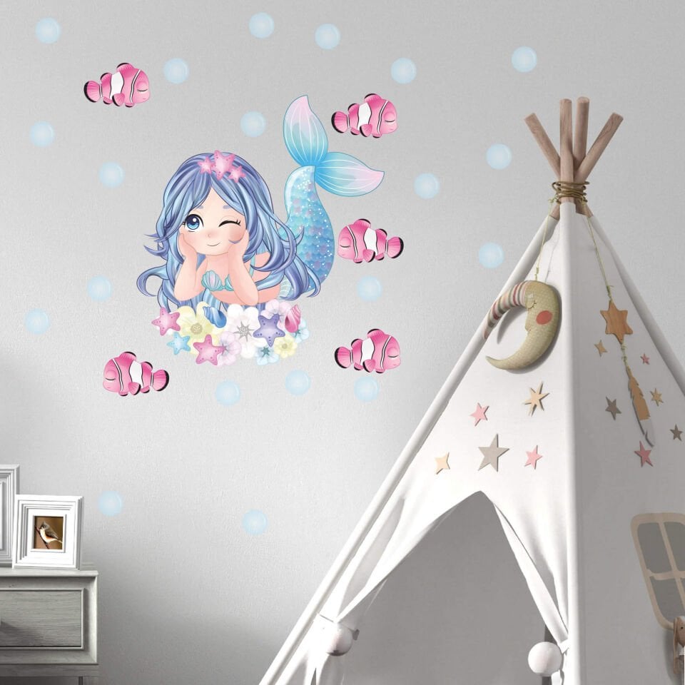 Mavi Saçlı Deniz Kızı Ve Balıklar Sticker