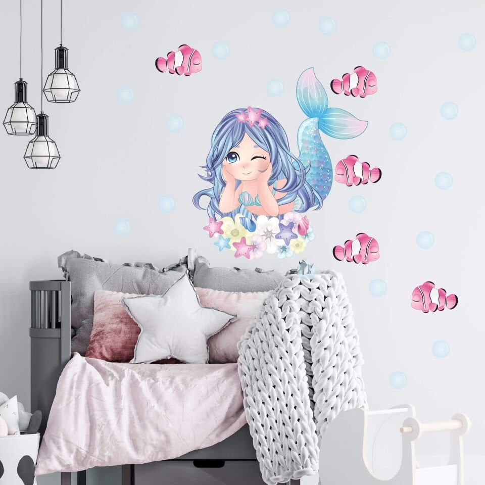 Mavi Saçlı Deniz Kızı Ve Balıklar Sticker