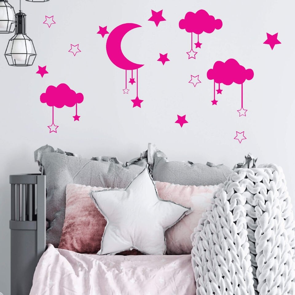 Pembe Yıldız, Ay ve Bulutlar Bebek Çocuk Odası Sticker