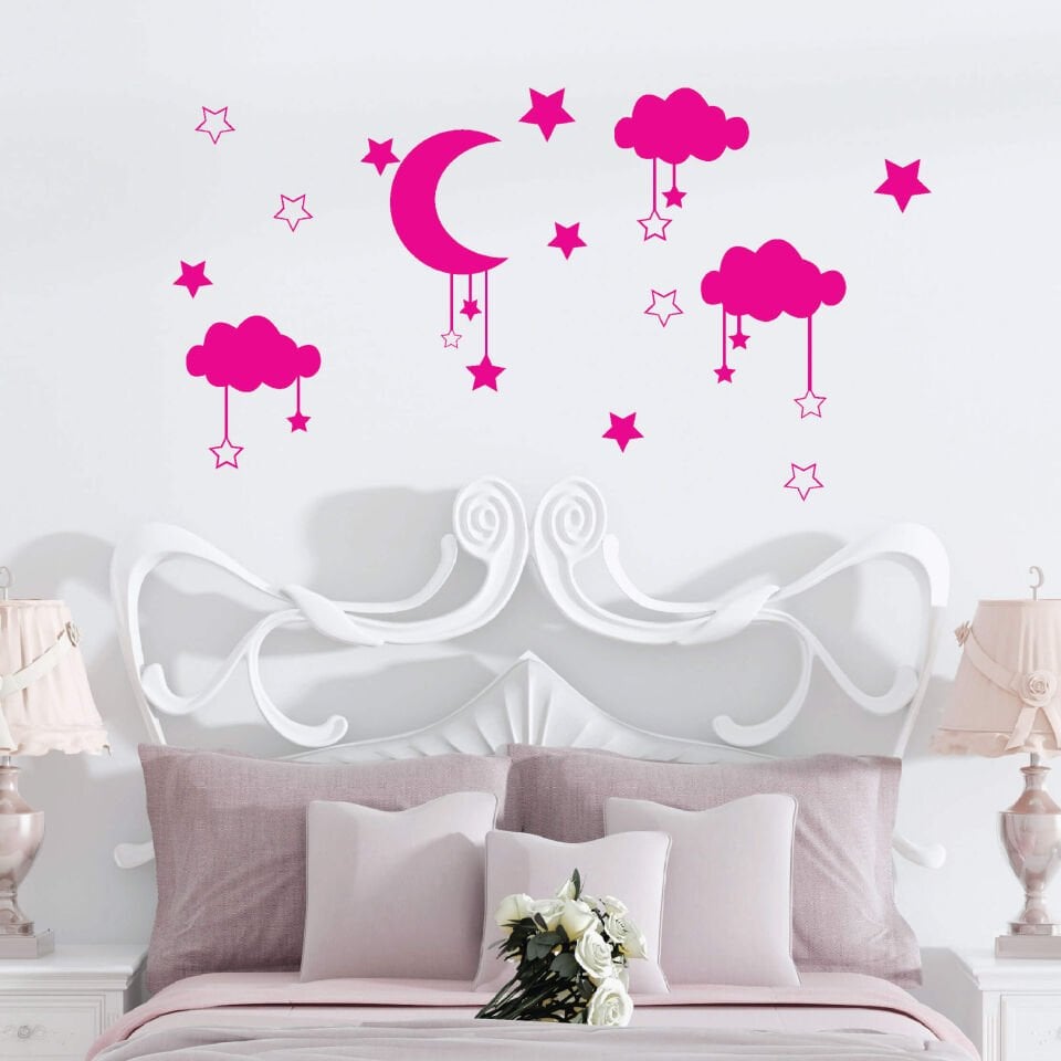 Pembe Yıldız, Ay ve Bulutlar Bebek Çocuk Odası Sticker