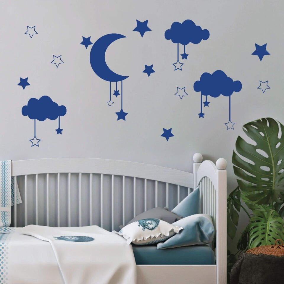 Lacivert Yıldız, Ay ve Bulutlar Bebek Çocuk Odası Sticker