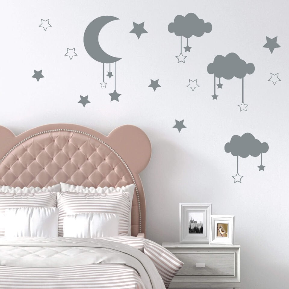 Gri Yıldız, Ay ve Bulutlar Bebek Çocuk Odası Sticker