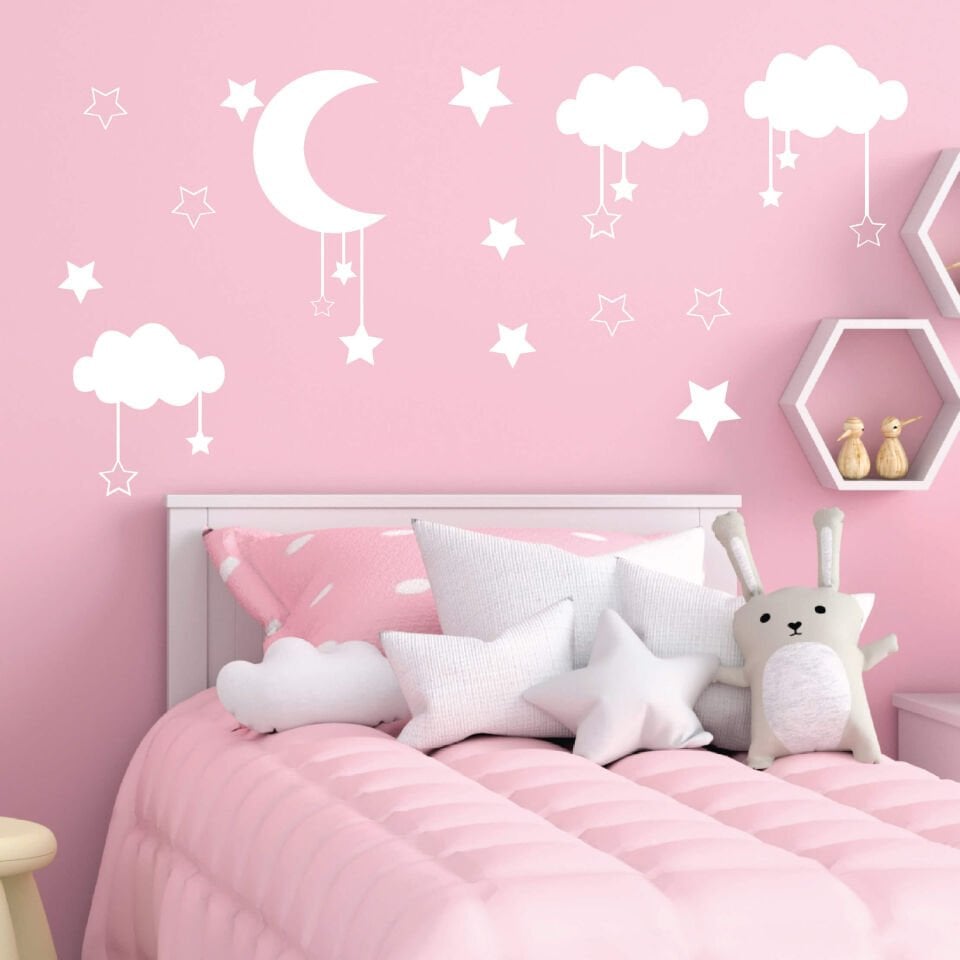 Beyaz Yıldız, Ay ve Bulutlar Bebek Çocuk Odası Sticker
