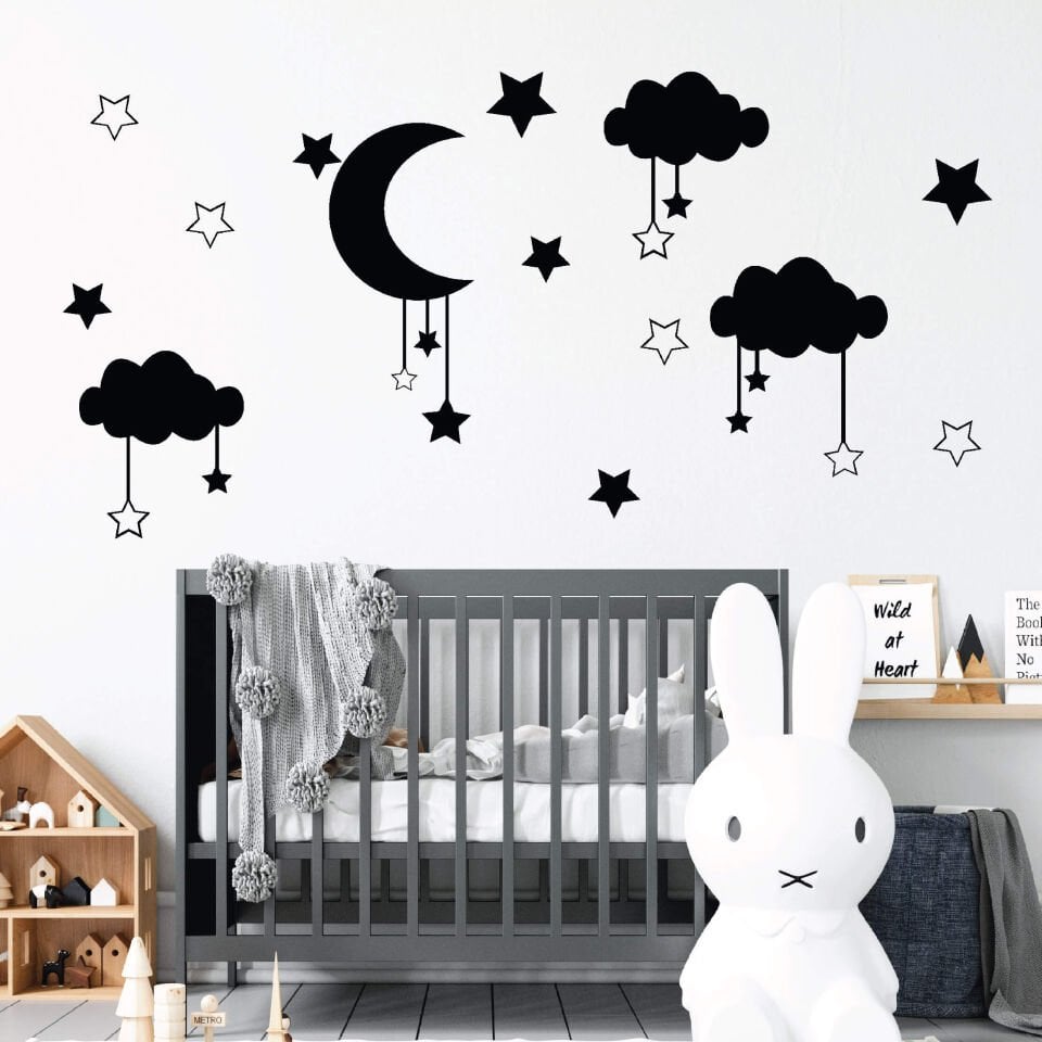 Siyah Yıldız, Ay ve Bulutlar Bebek Çocuk Odası Sticker