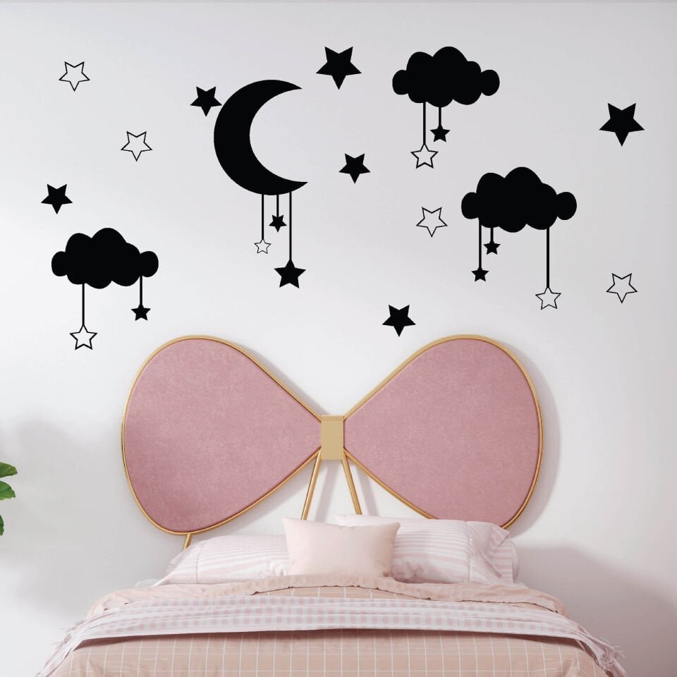 Siyah Yıldız, Ay ve Bulutlar Bebek Çocuk Odası Sticker