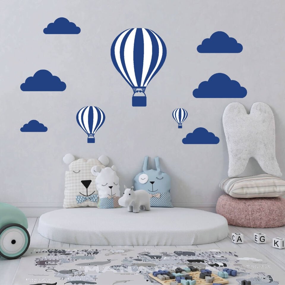 Lacivert Uçan Balonlar ve Bulut Bebek Çocuk Odası Sticker