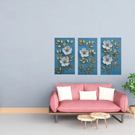 Beyaz Gold Mavi Zemin Üzerinde Çiçekler 3 parça, Kendinden Yapışkanlı Dokulu Duvar Kağıdı