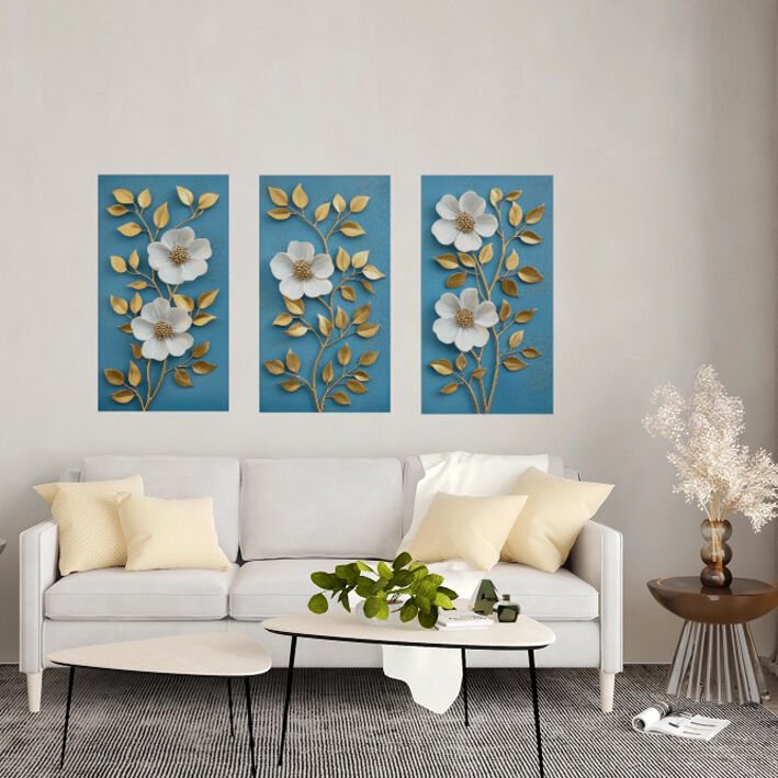 Beyaz Gold Mavi Zemin Üzerinde Çiçekler 3 parça, Kendinden Yapışkanlı Dokulu Duvar Kağıdı