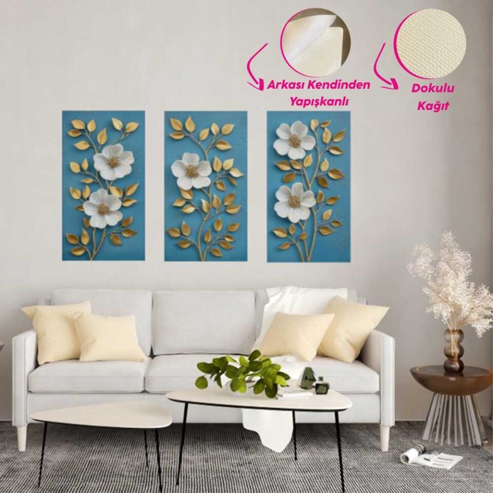 Beyaz Gold Mavi Zemin Üzerinde Çiçekler 3 parça, Kendinden Yapışkanlı Dokulu Duvar Kağıdı