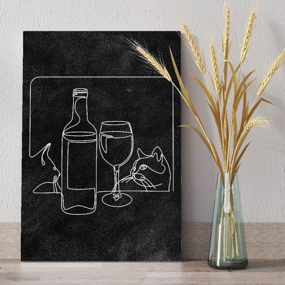 Kedi ve Şarap Bardağı Dekoratif Kanvas Tablo