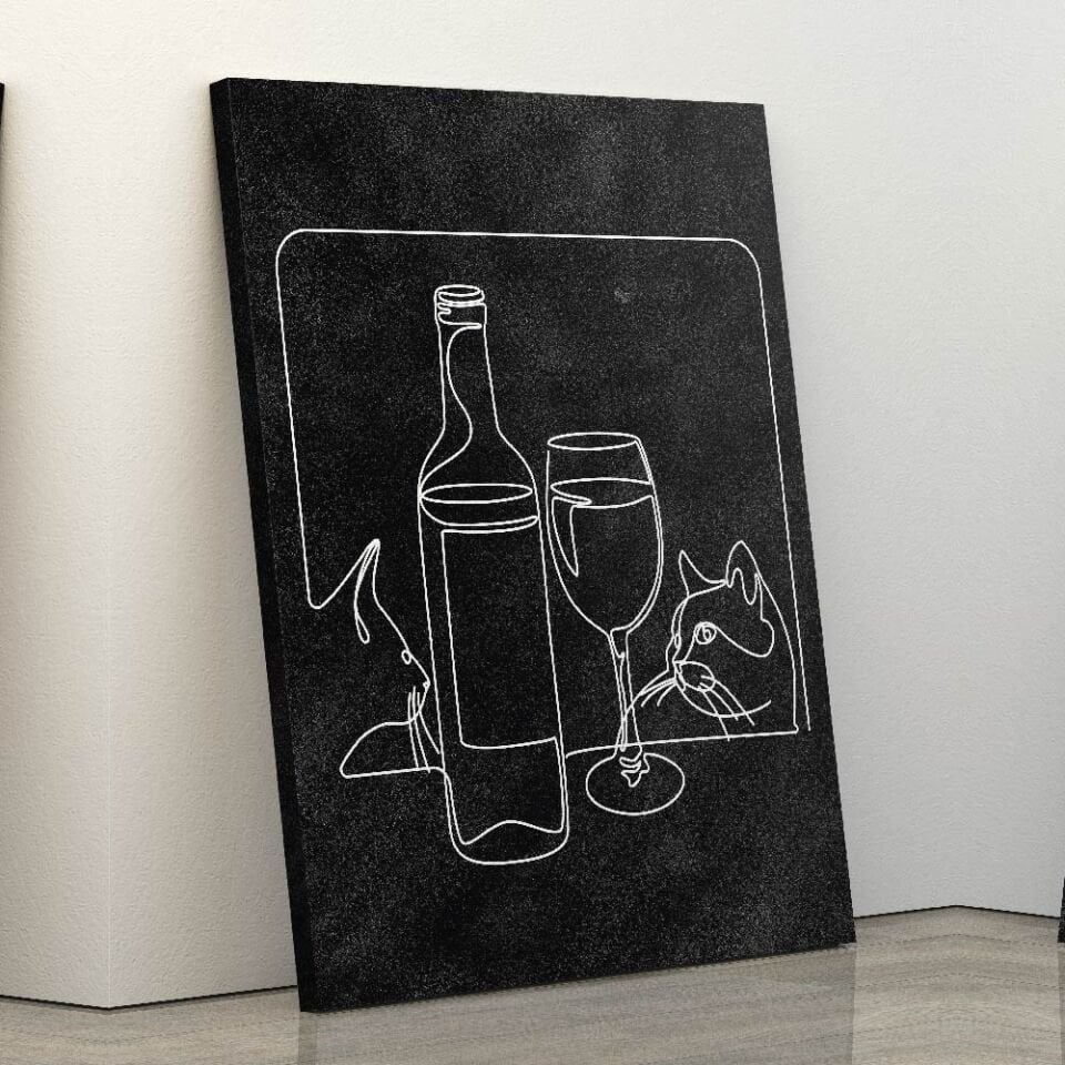 Kedi ve Şarap Bardağı Dekoratif Kanvas Tablo