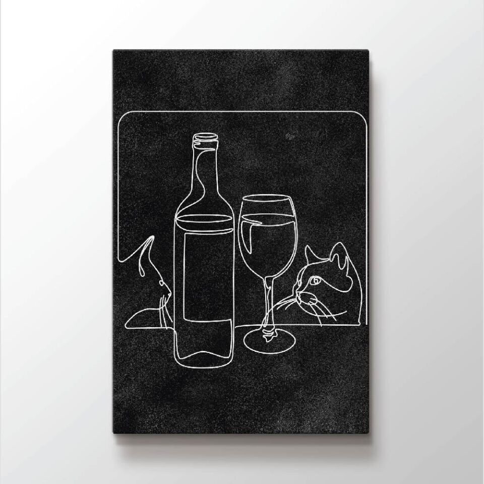 Kedi ve Şarap Bardağı Dekoratif Kanvas Tablo