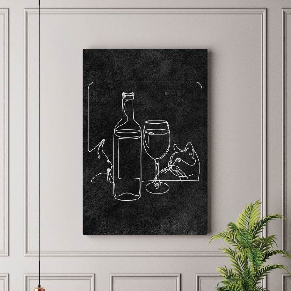 Kedi ve Şarap Bardağı Dekoratif Kanvas Tablo